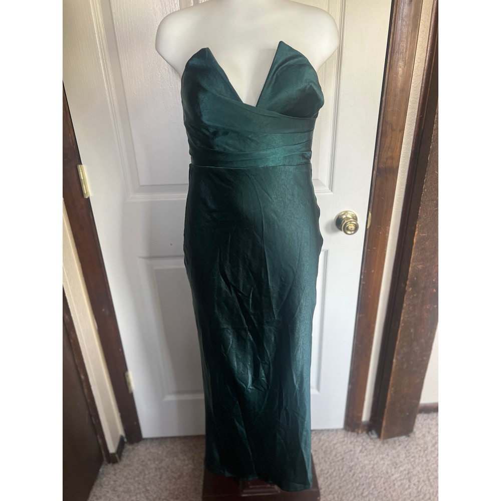 Formal Emerald Green Satin Strapless Maxi Dress Prom Wedding